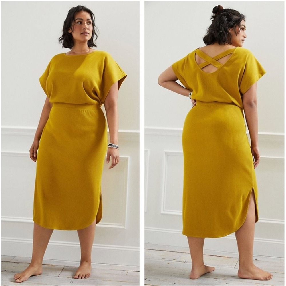 Anthropologie Daily Practice Midi Dress 1X Yellow Ribbed Dolman Sleeve Casual